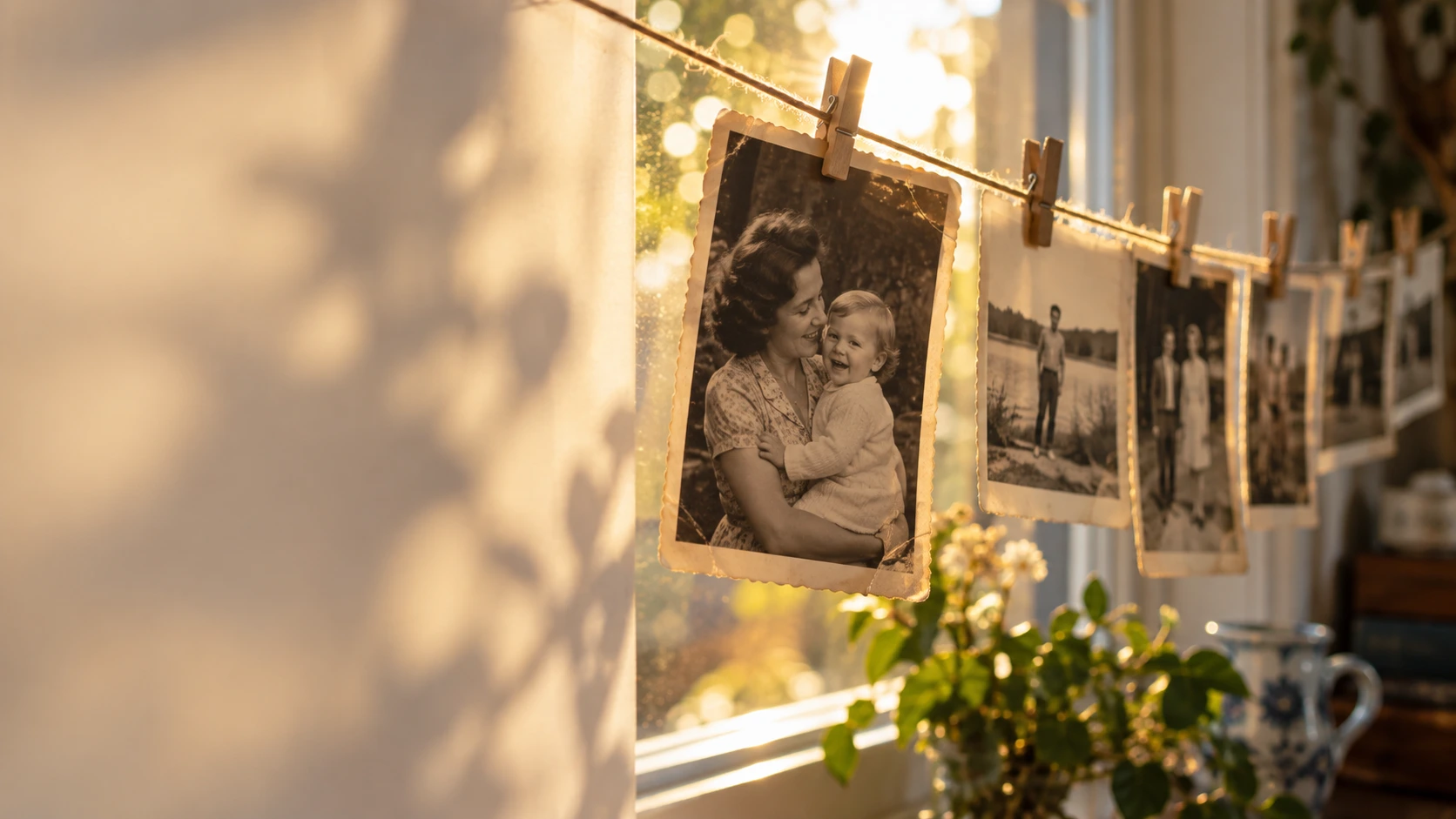 Fotografías familiares colgadas junto a una ventana